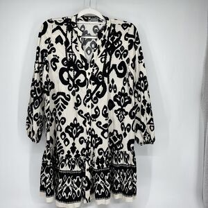 Zara Babydoll Mini Dress XS Black White Ikat Linen Blend Balloon Sleeve